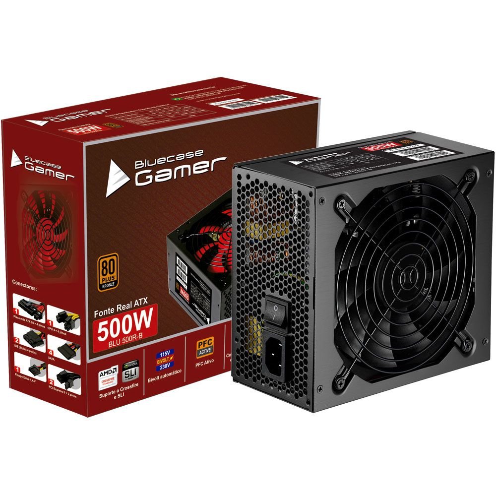 FONTE BLUECASE GAMER 500W BLU 500R-B Fonte Bluecase Gamer 500W 500R-B